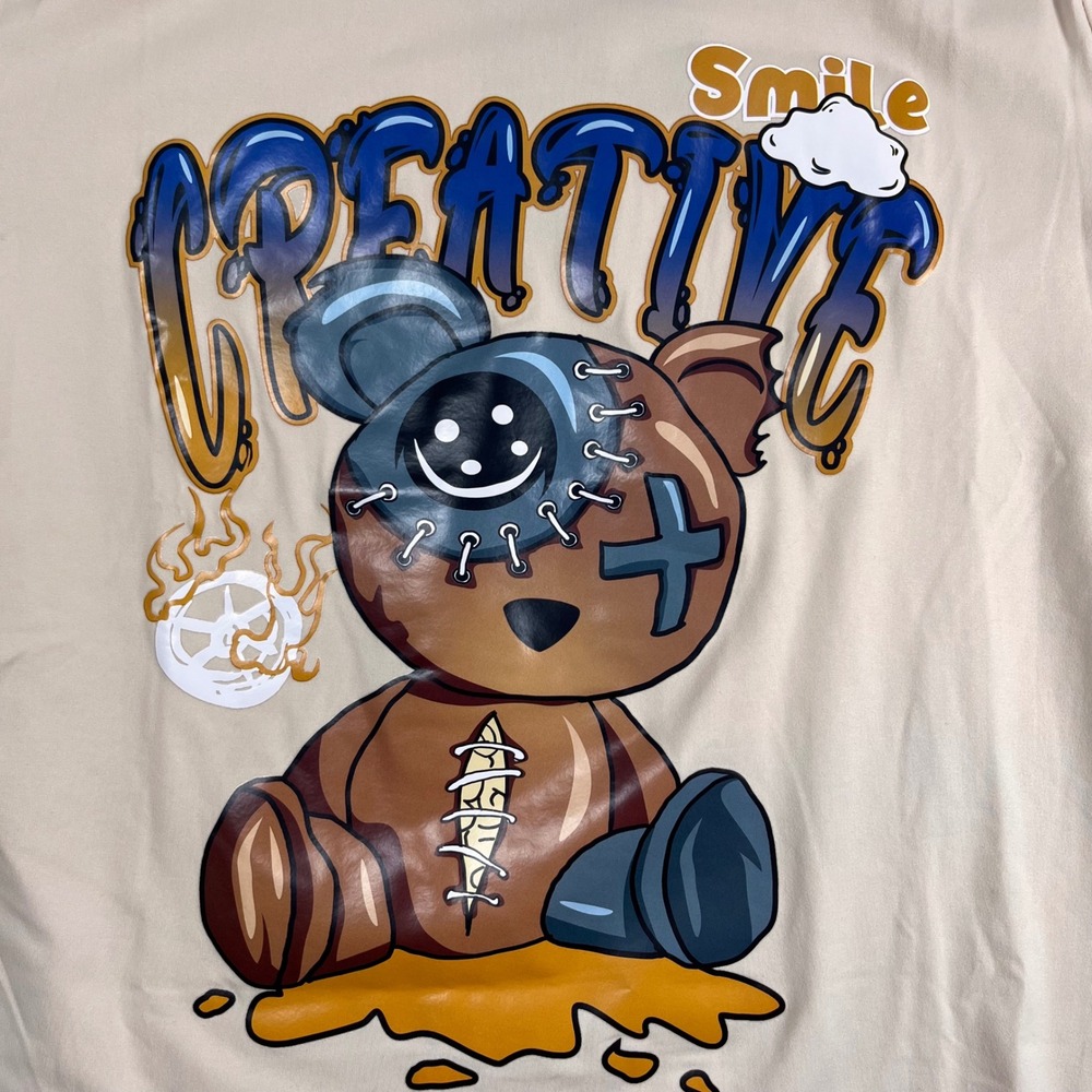 ROMWE Mens Creative Smile Teddy Bear Graphic T-Shirt Beige Streetwear Size M NEW